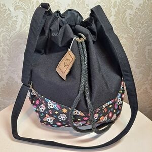 Ibelulas Large Canvas Drawstring Tote Bag Sugar Skull Print NWT